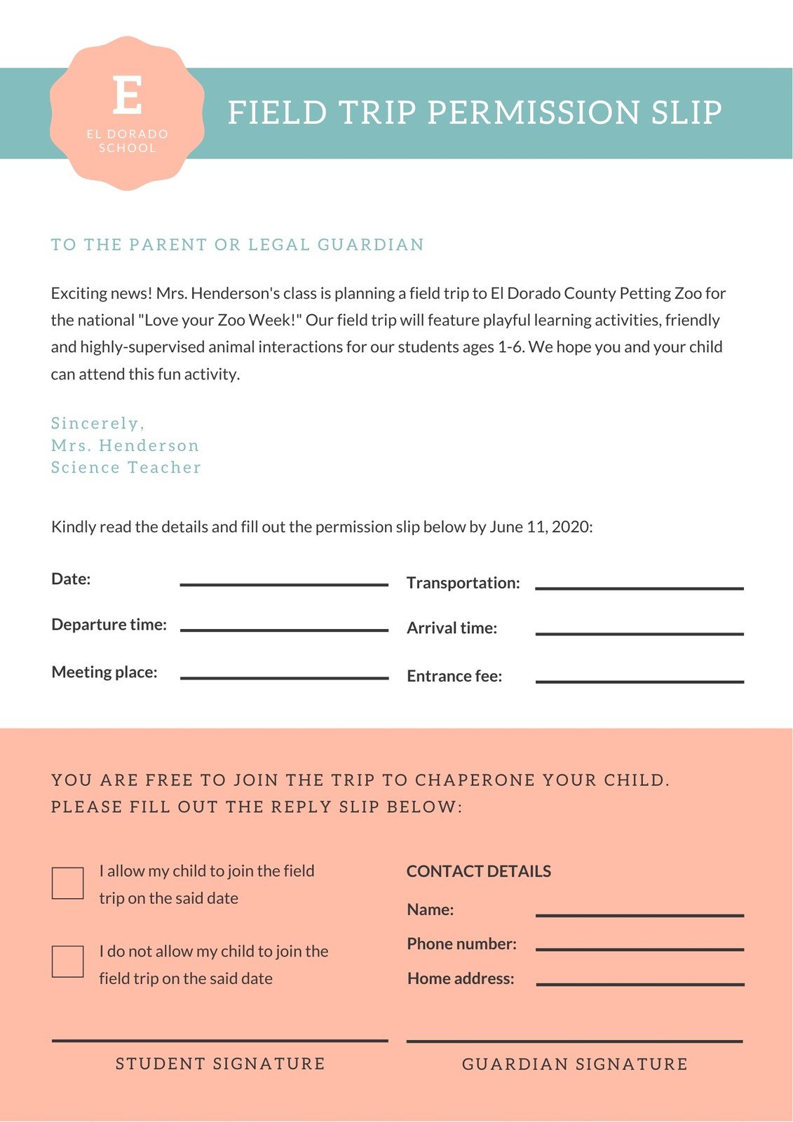 School Permission Slip Template