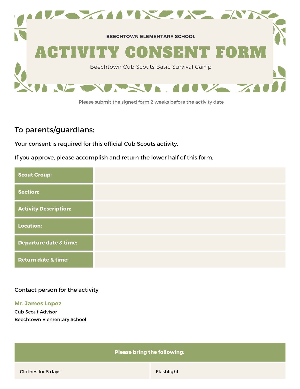 School Permission Slip Template