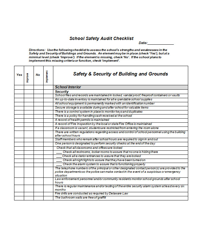 School Safety Audit Checklist Template