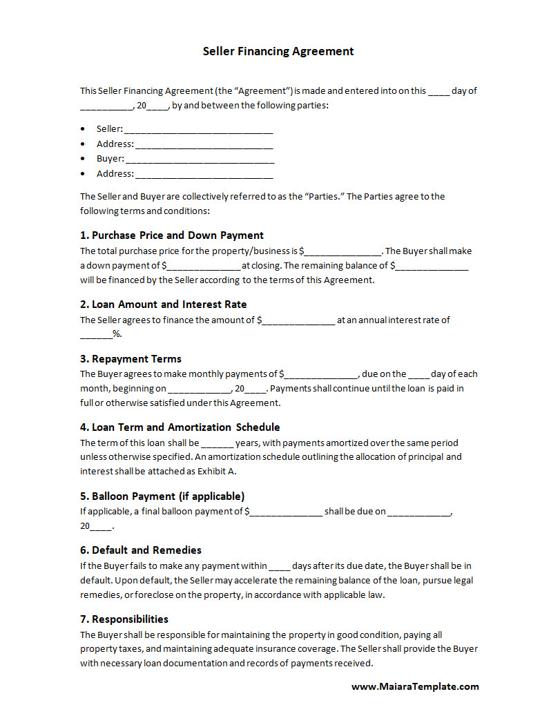 Seller Financing Agreement Template Seller Financing Agreement Template