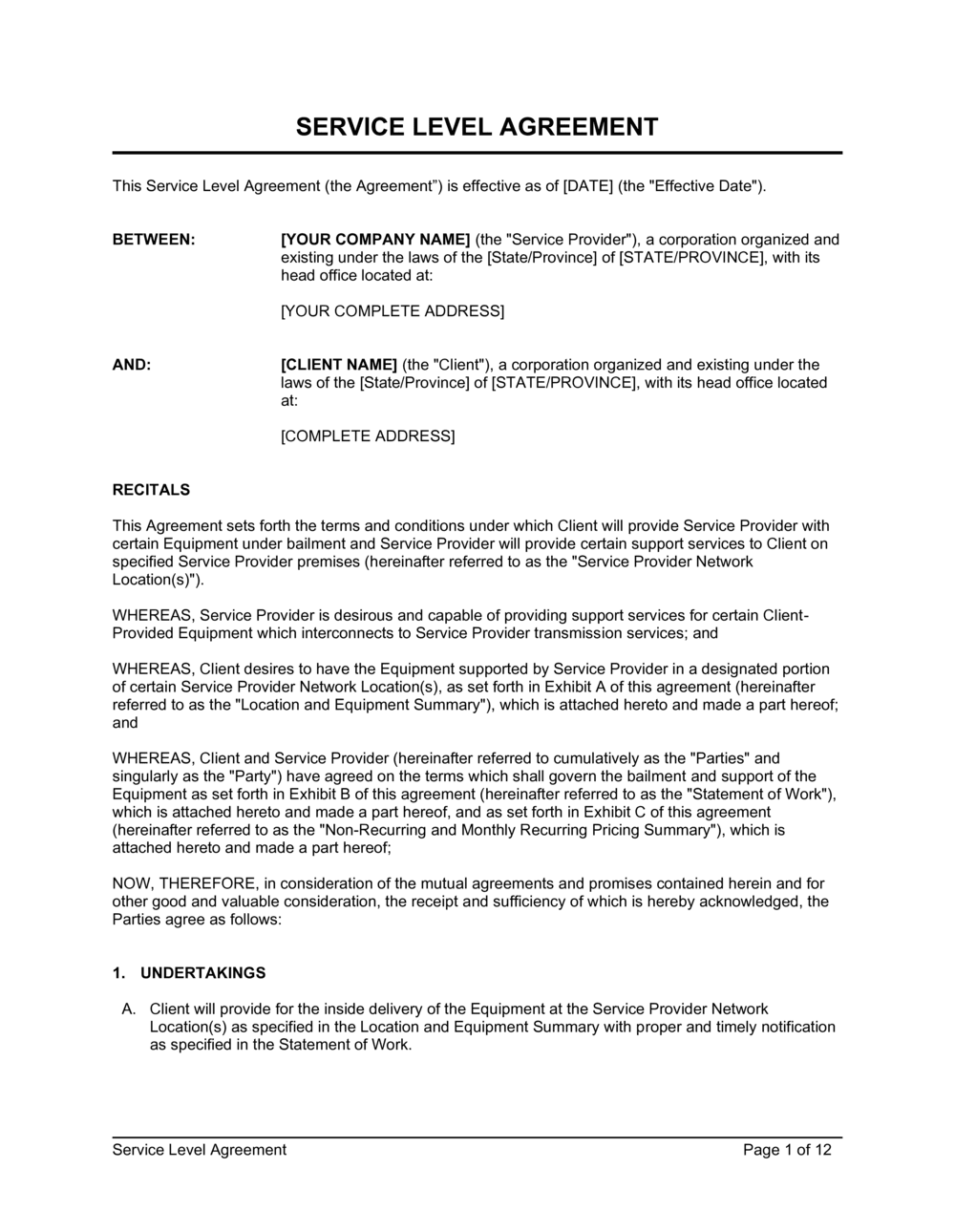 Service Level Agreement Template Example Service Level Agreement Template Example