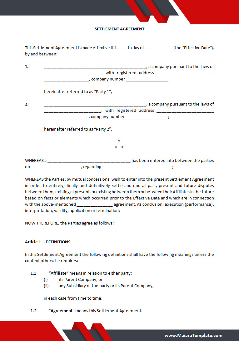 Settlement Agreement Template Settlement Agreement Template