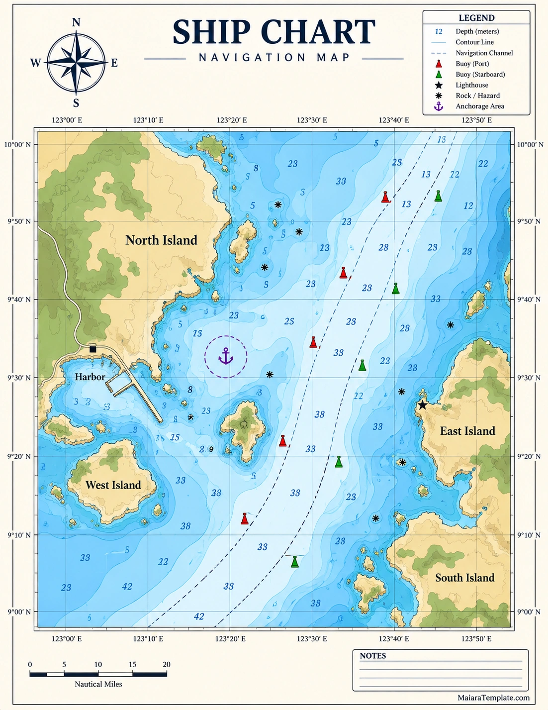 Ship Chart Template Printable ship chart template showing nautical navigation routes, water depths, islands, hazards, buoys, and a compass rose