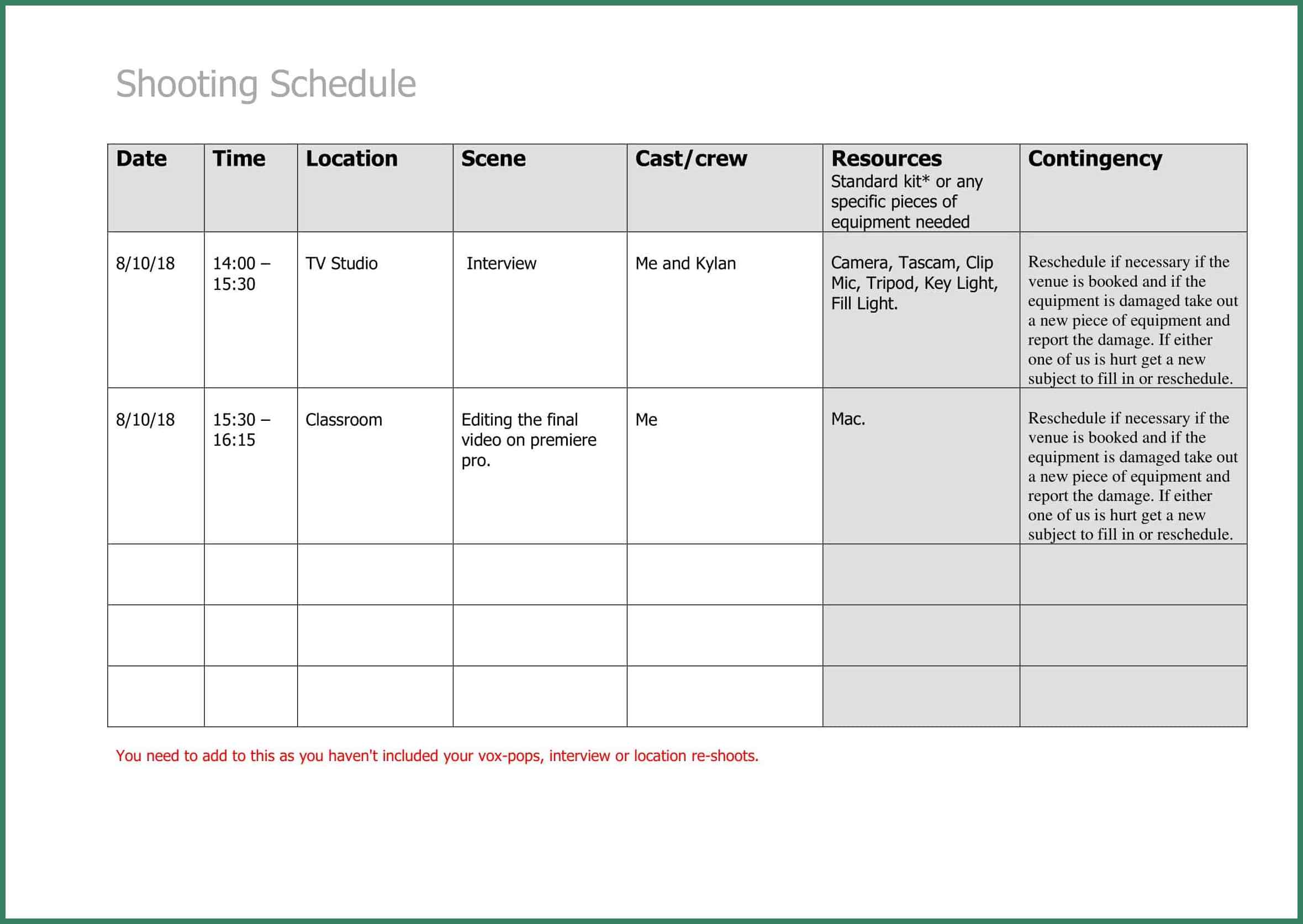 Shooting Schedule Template Example Shooting Schedule Template Example