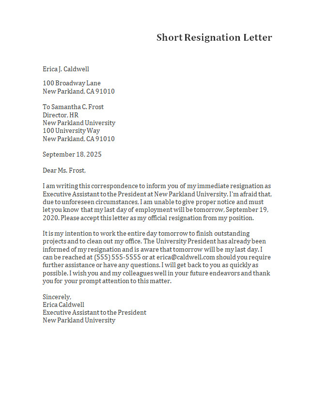 Short Resignation Letter Template Short Resignation Letter Template