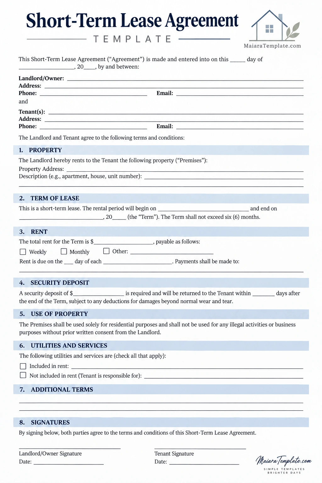 Short-Term Lease Agreement Template Short-Term Lease Agreement Template