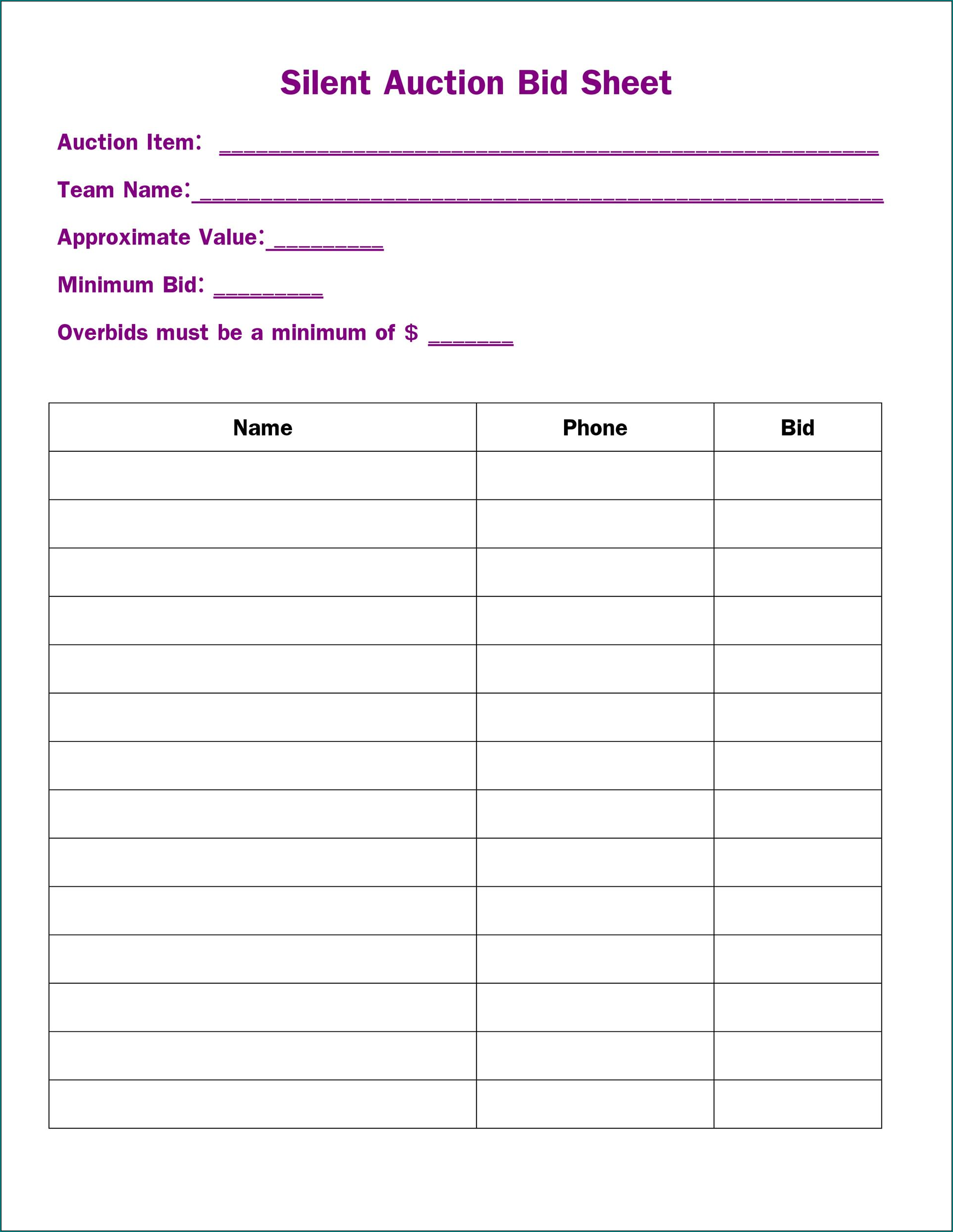 Silent Auction Bid Sheet Template Sample Silent Auction Bid Sheet Template Sample
