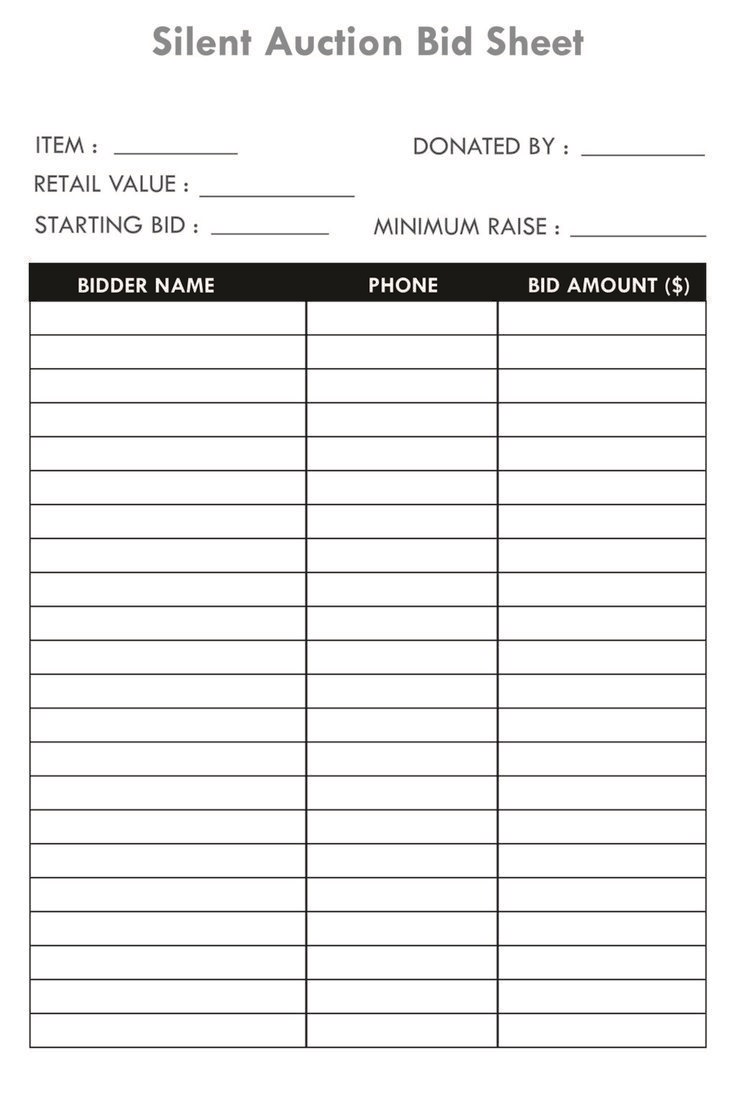 Silent Auction Bid Sheet Template