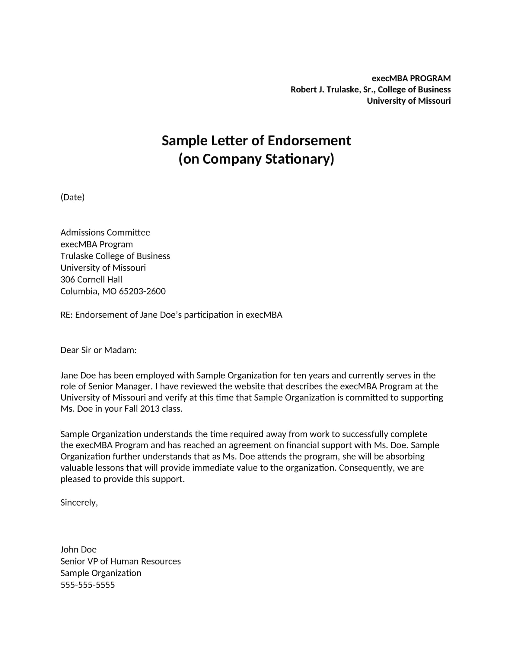 Simple Letter of Endorsement Template Simple Letter of Endorsement Template