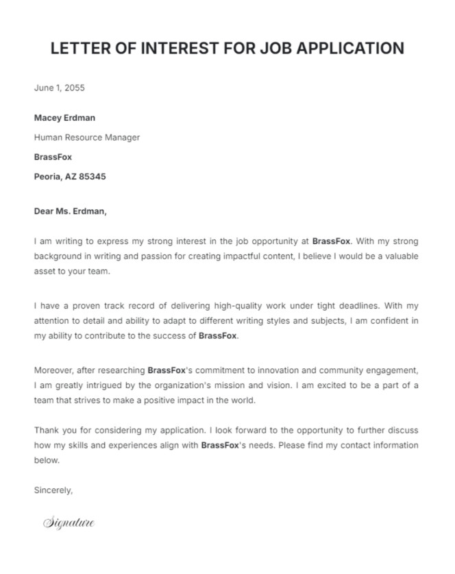 Simple Letter of Interest for a Job Template
