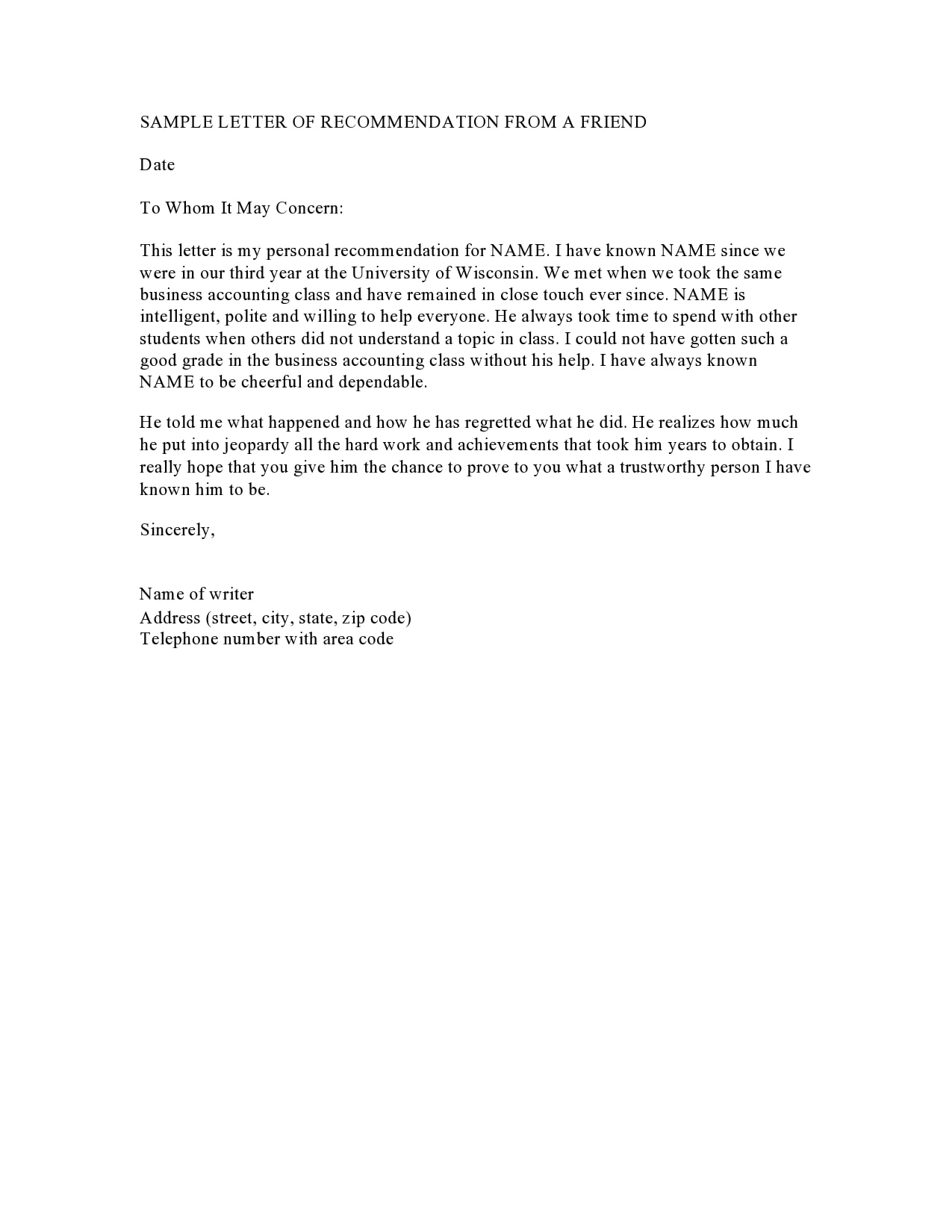 Simple Letter of Recommendation for a Friend Template