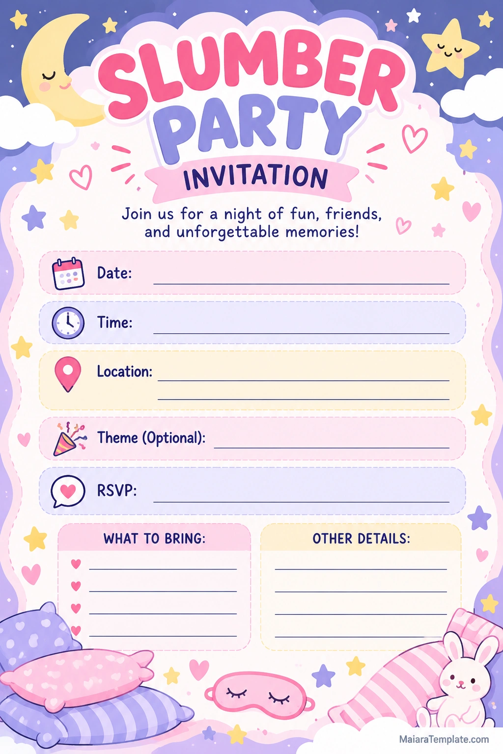 Slumber Party Invitation Template Printable slumber party invitation template with spaces for date, time, location, RSVP, theme, and what to bring