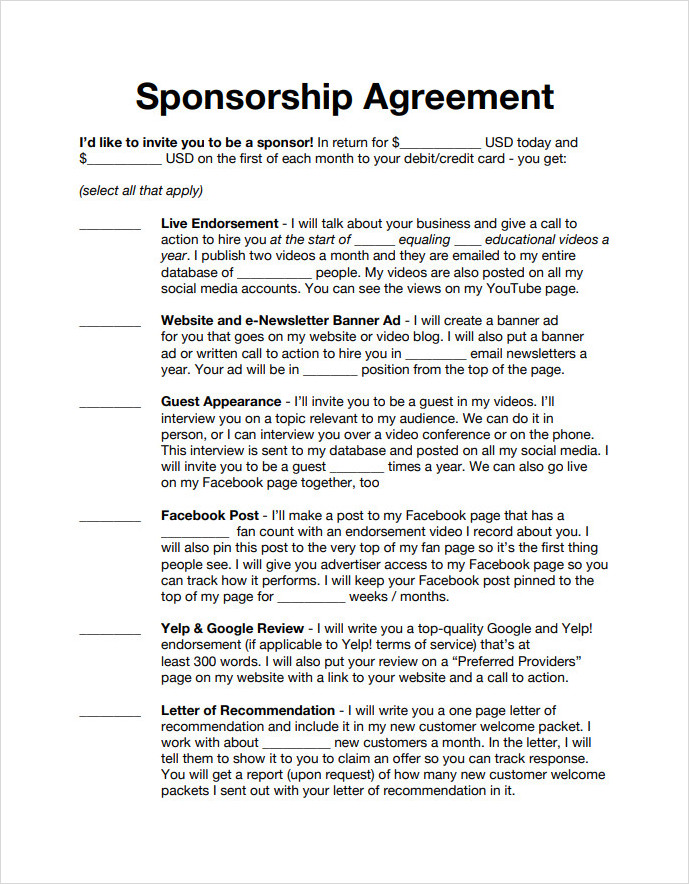 Sponsorship Agreement Form Sponsorship Agreement Form