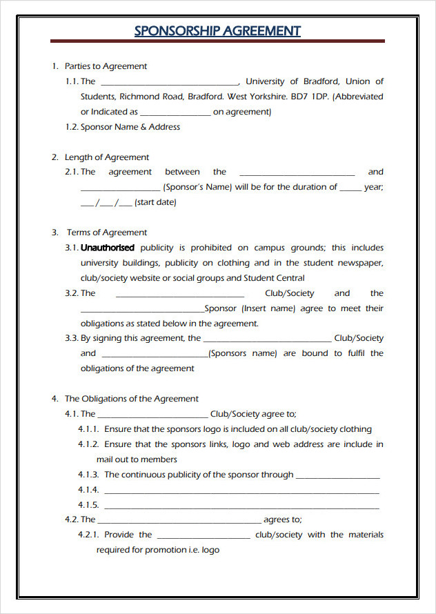 Sponsorship Agreement Template Sponsorship Agreement Template