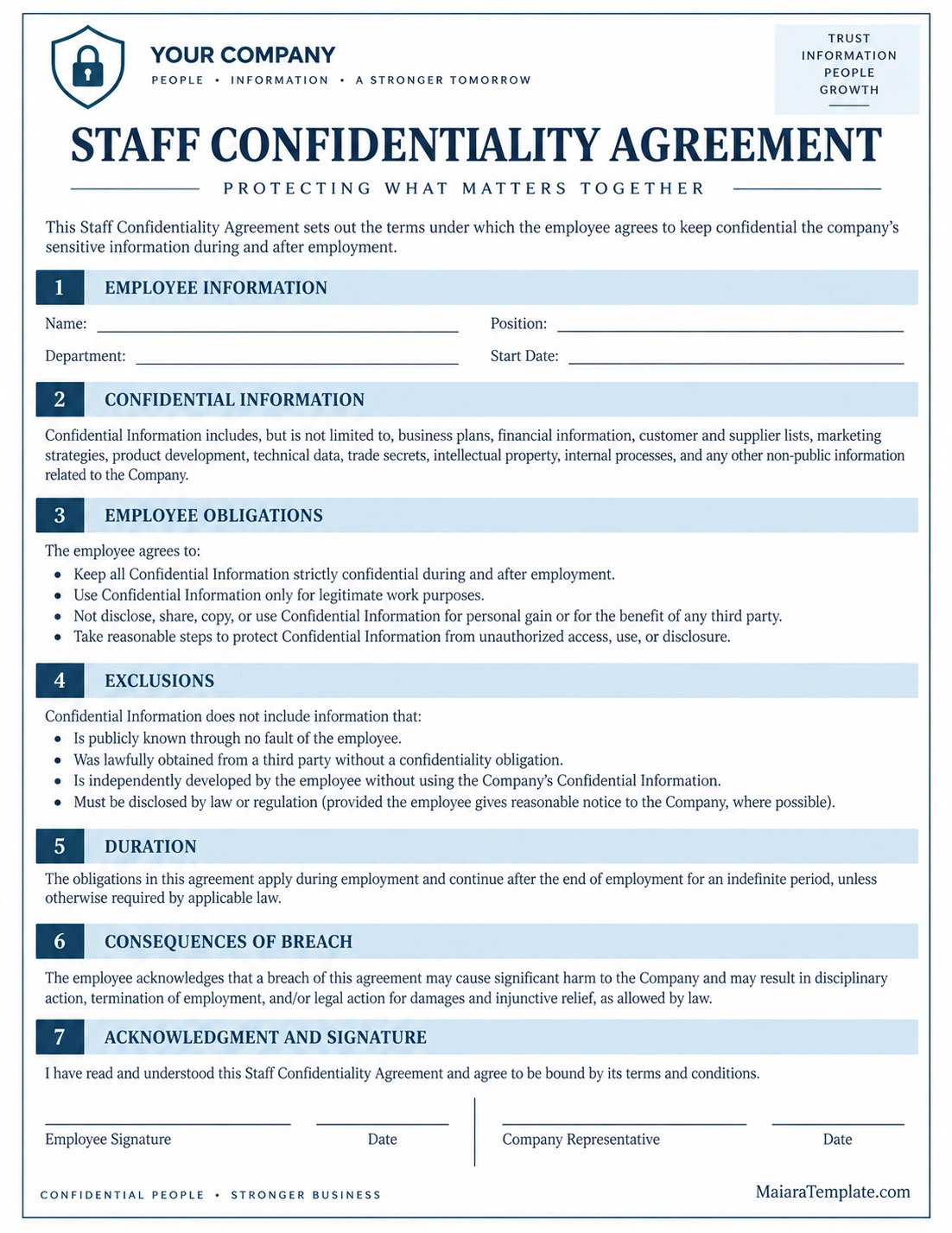 Staff Confidentiality Agreement Template staff confidentiality agreement template with employee information, confidential information, obligations, exclusions, and signatures