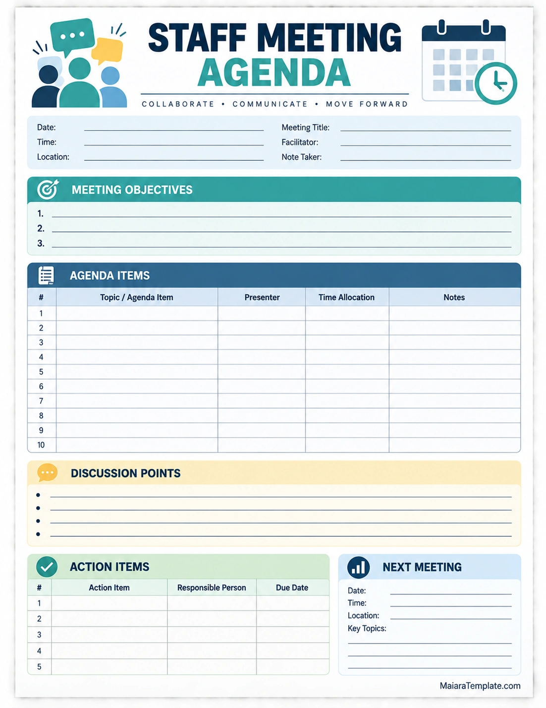 Staff Meeting Agenda Template Printable staff meeting agenda template with meeting objectives, agenda items, discussion points, and action items