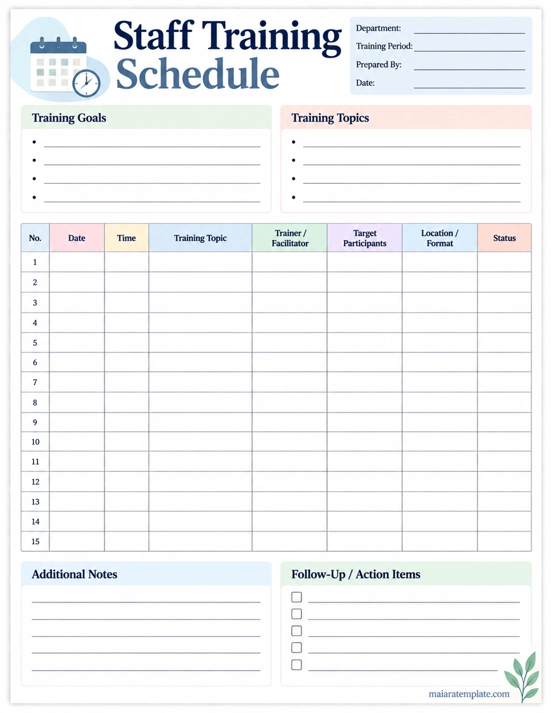 Staff Training Schedule Template Printable Staff Training Schedule Template with training goals, topics, dates, times, trainers, participants, and status