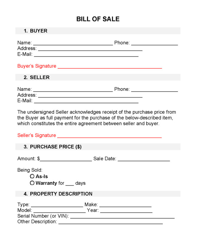 Standard Bill of Sale Template Sample
