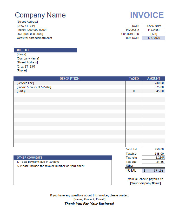 Standard Invoice Template Sample Standard Invoice Template Sample
