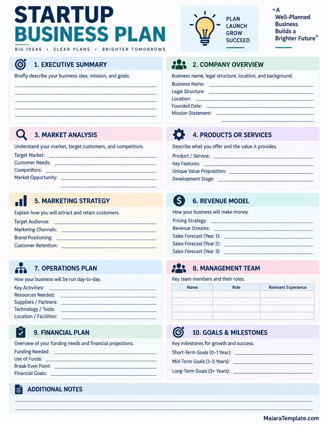Startup Business Plan Worksheet Template Professional startup business plan template with sections for company overview, market analysis, products, marketing, revenue, operations, finances, and goals
