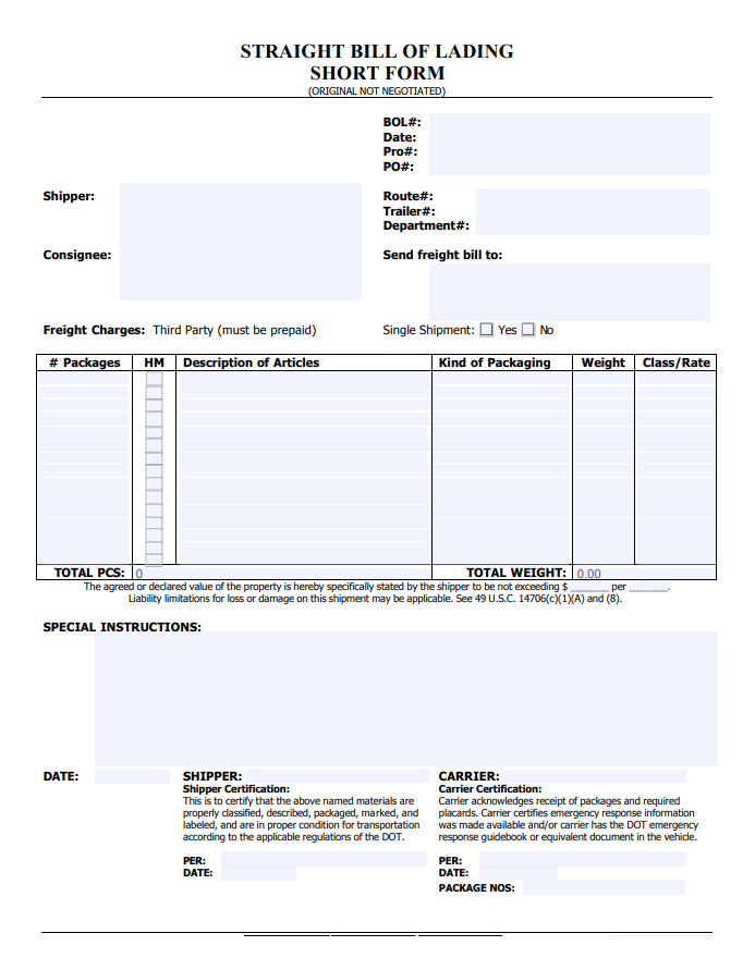 Straight Bill Of Lading Form