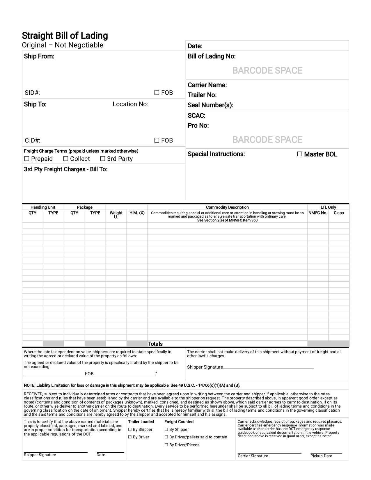 Straight Bill of Lading Form Example Straight Bill of Lading Form Example