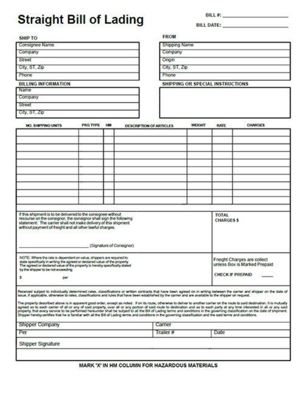 Straight Bill of Lading Form Sample Straight Bill of Lading Form Sample