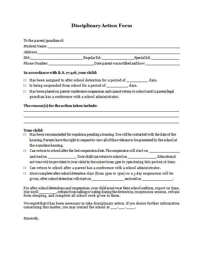 Student Disciplinary Action Form Sample