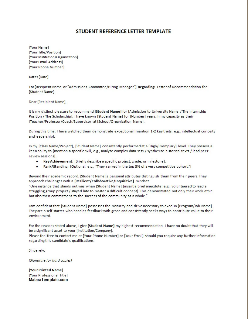 Student Reference Letter Template Word