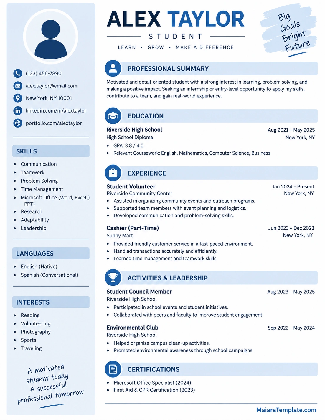 Student Resume Template Professional student resume template with education, skills, experience, activities, leadership, and certifications sections