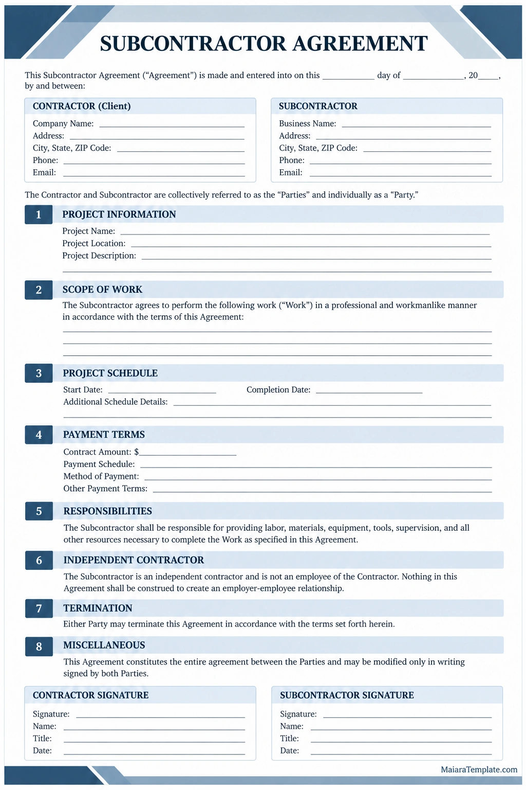 subcontractor agreement template for defining project scope, payment terms, responsibilities, schedule, and signatures