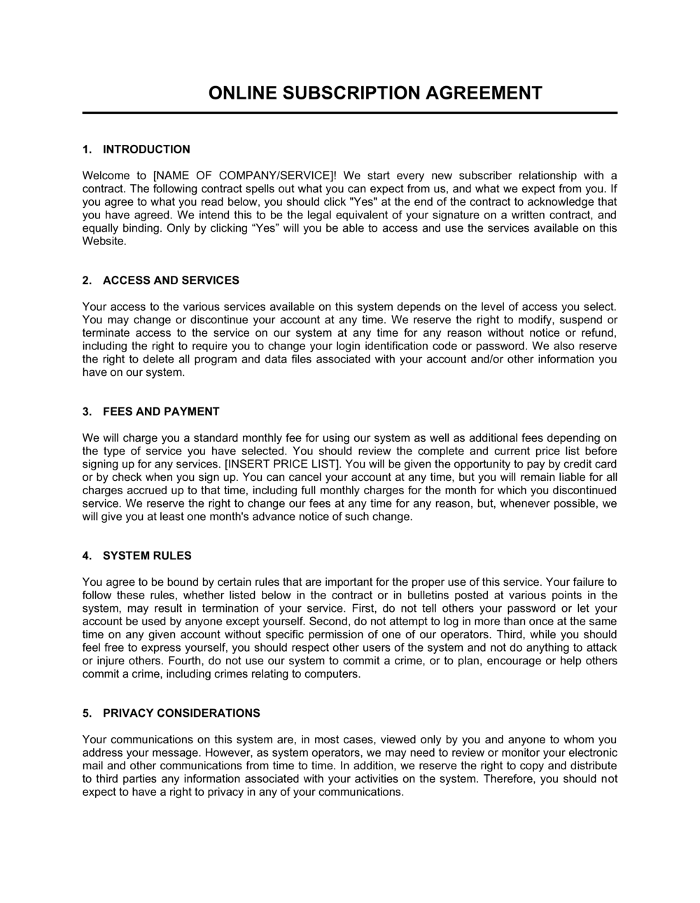 Subscription Agreement Template Sample