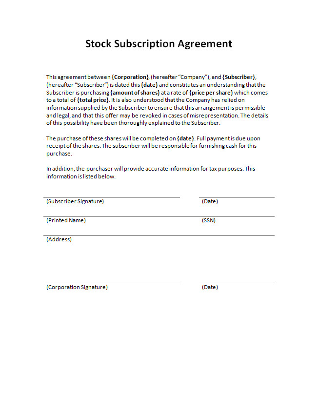 Subscription Agreement Template Subscription Agreement Template