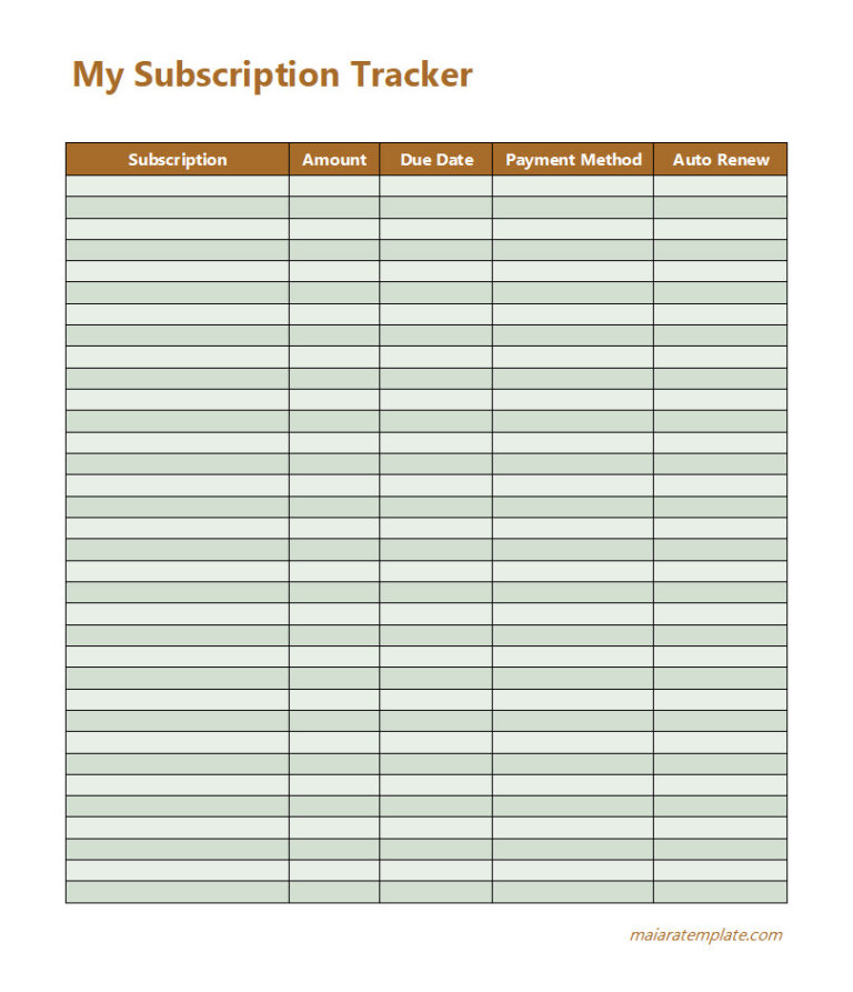 Printable Subscription Tracker Template