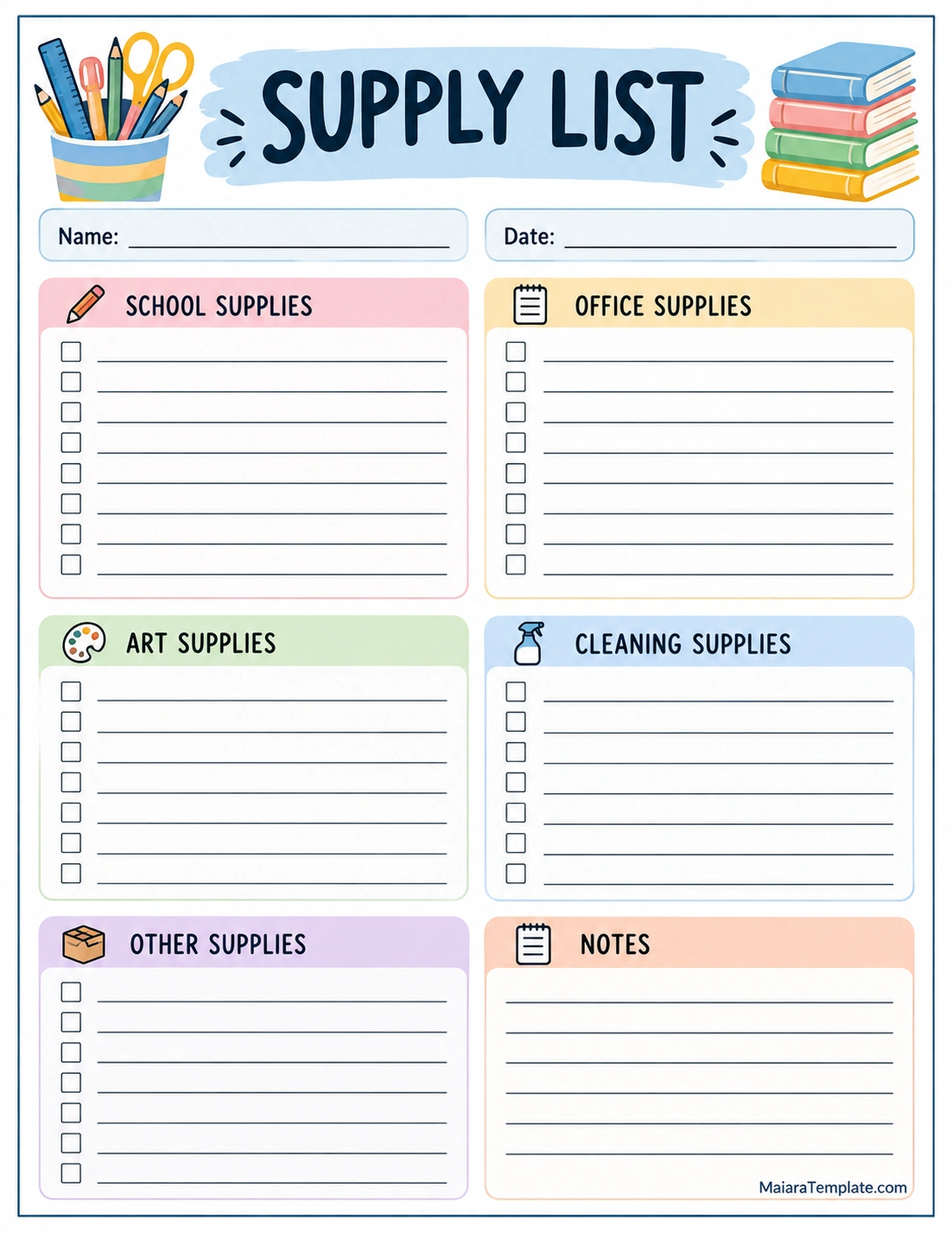 Supply List Template Printable supply list template with item names, quantities, priority, estimated cost, and notes sections