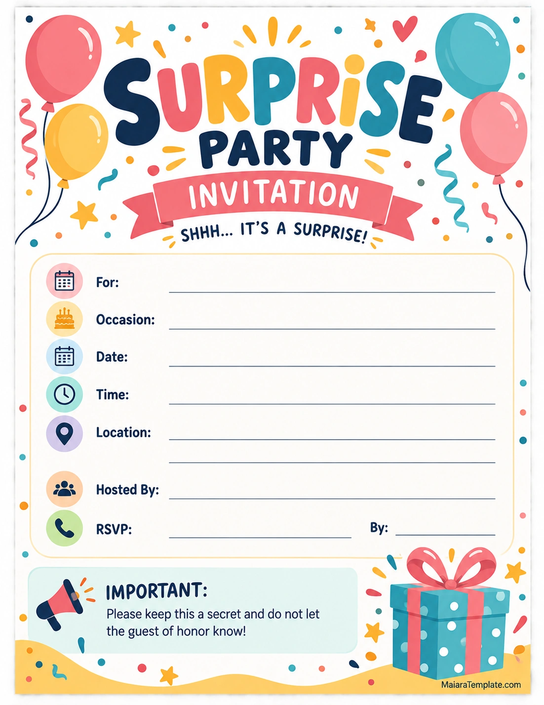 Surprise Party Invitation Template Printable surprise party invitation template with party details, RSVP information, and secrecy reminder