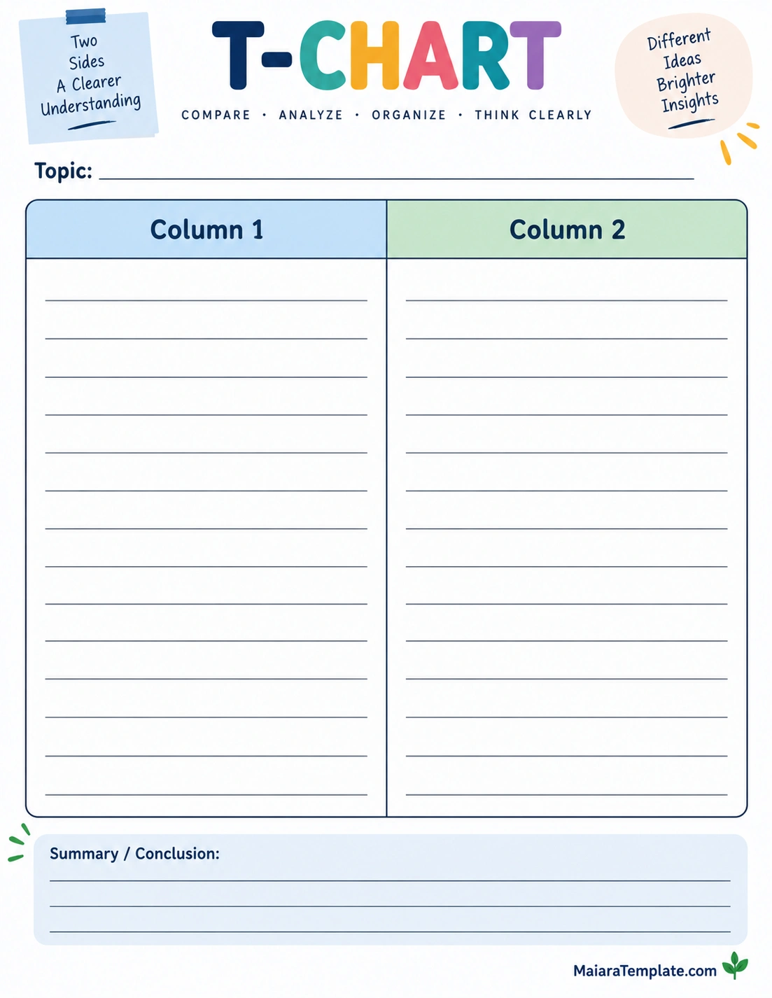 T-Chart Template Printable T-chart template with two comparison columns and a summary section for organizing ideas and information