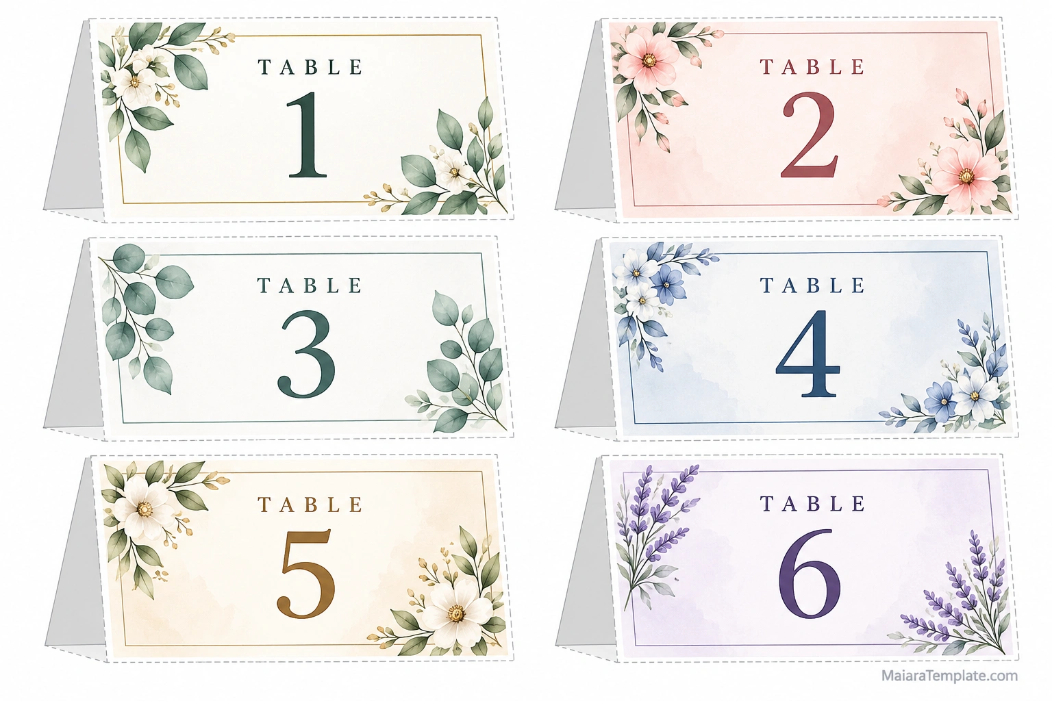 Printable table card template with elegant numbered table cards and floral designs