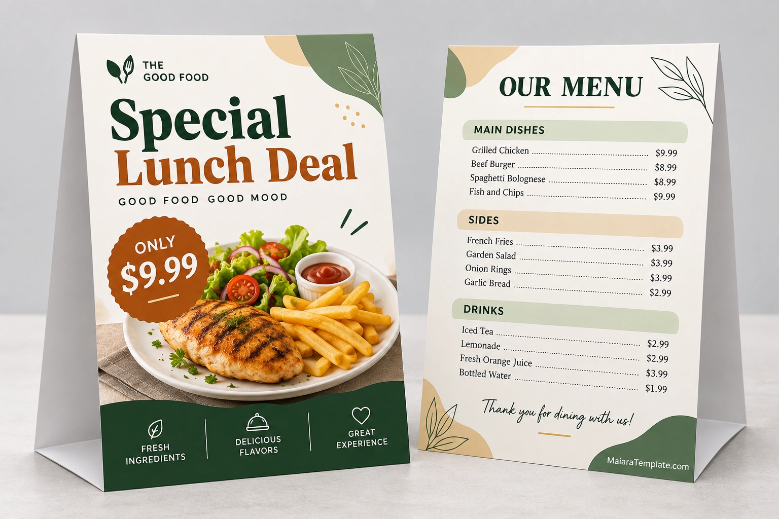 Table Tent Template Professional table tent template featuring a restaurant special offer and menu information