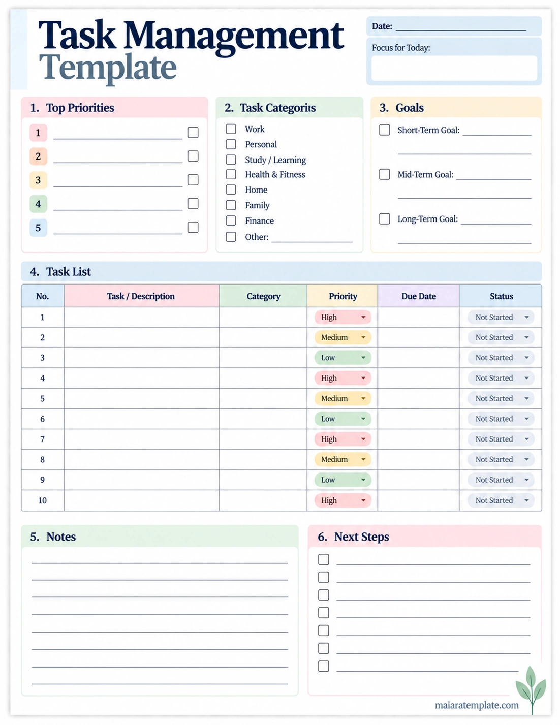 Task Management Template Printable Task Management Template for organizing priorities, goals, tasks, deadlines, status, notes, and next steps