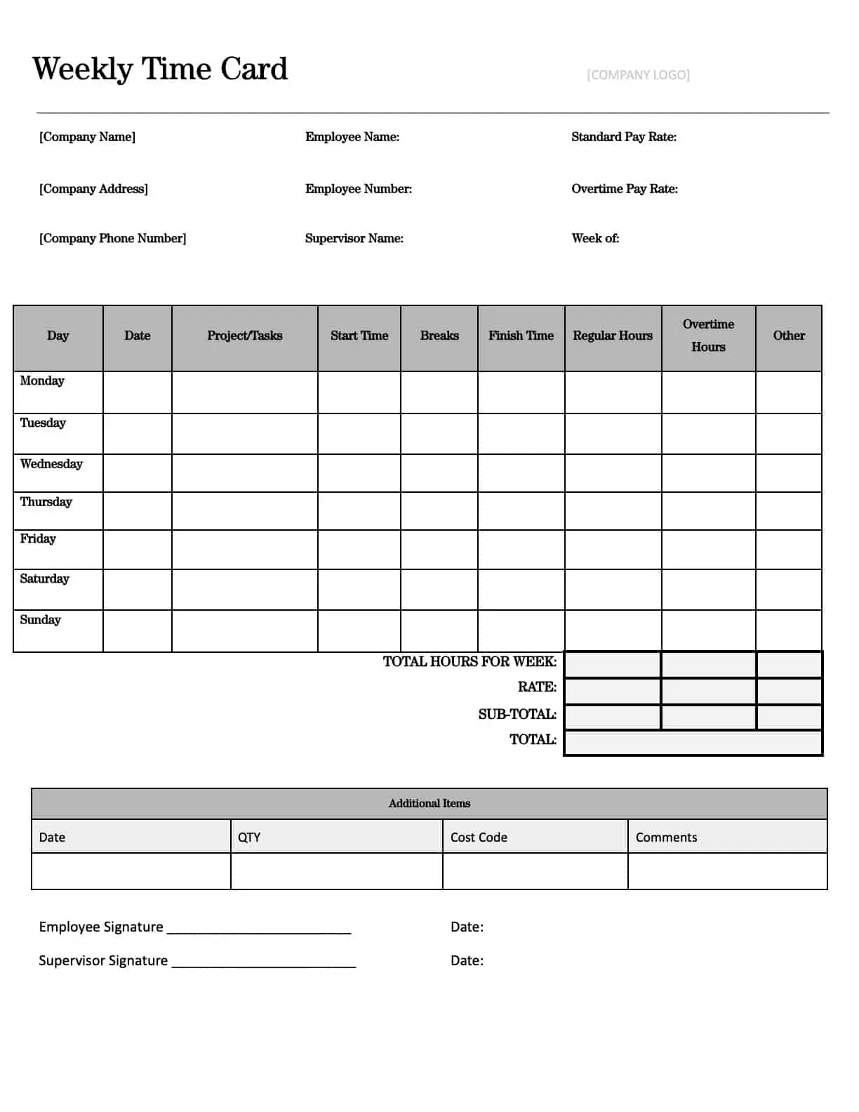 Simple Time Card Template Excel