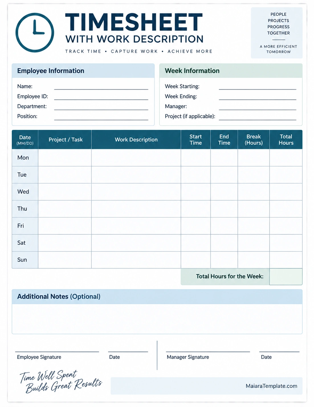Timesheet Template With Work Description Printable timesheet with work description template for tracking dates, projects, tasks, work descriptions, start and end times, breaks, and total hours