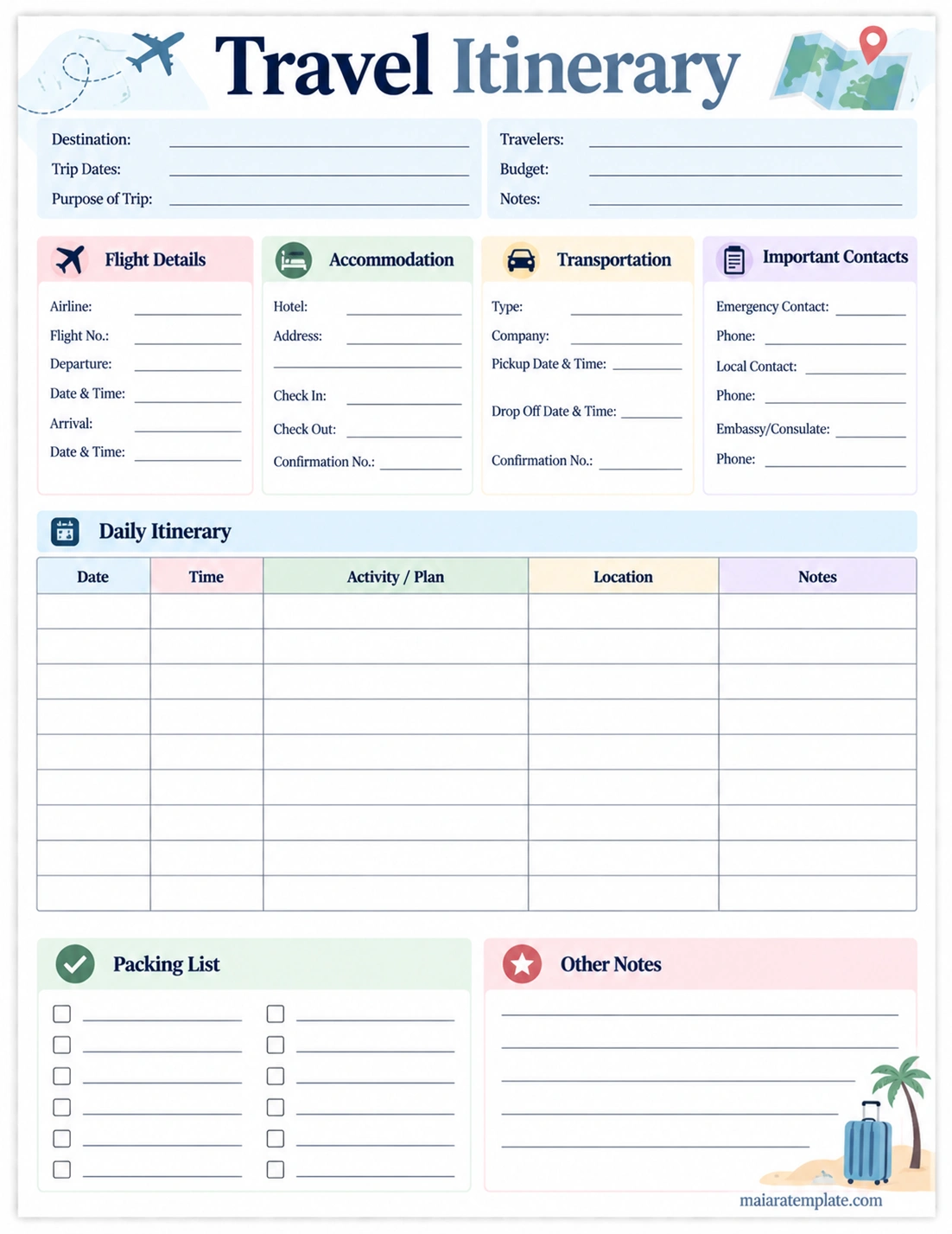 Printable Travel Itinerary Template with trip details, flights, accommodation, transportation, daily plans, packing list, and notes