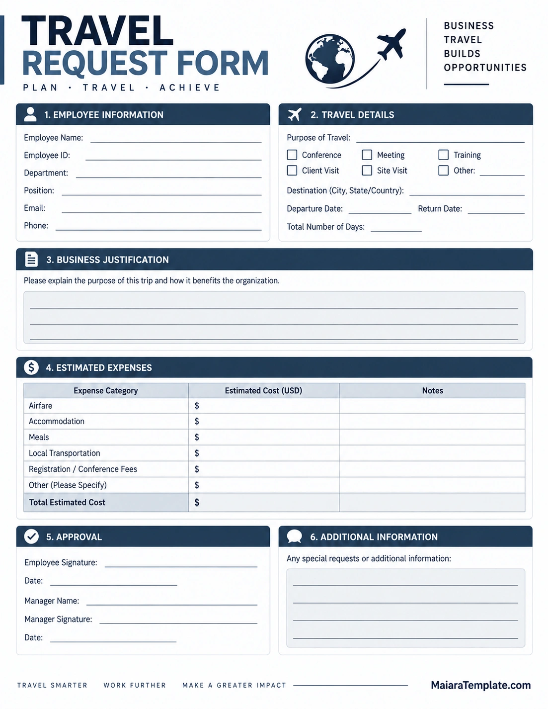 Travel Request Form Template Professional printable travel request form template with employee information, travel details, business justification, estimated expenses, approval, and additional information sections