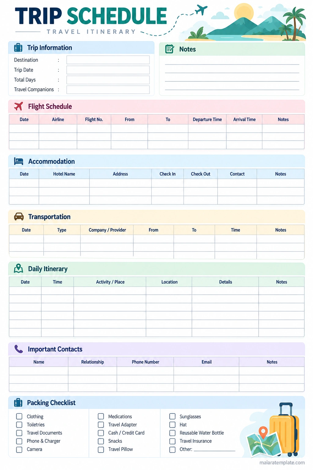Printable trip schedule template with flight schedule, accommodation, transportation, daily itinerary, and packing checklist