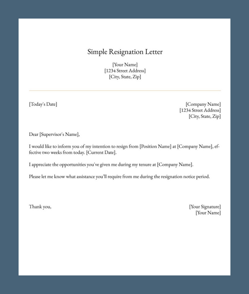 Two-Week Notice Resignation Letter Template Example Two-Week Notice Resignation Letter Template Example