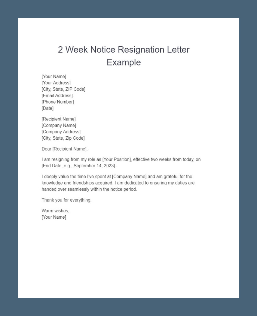 Two-Week Notice Resignation Letter Template Sample Two-Week Notice Resignation Letter Template Sample