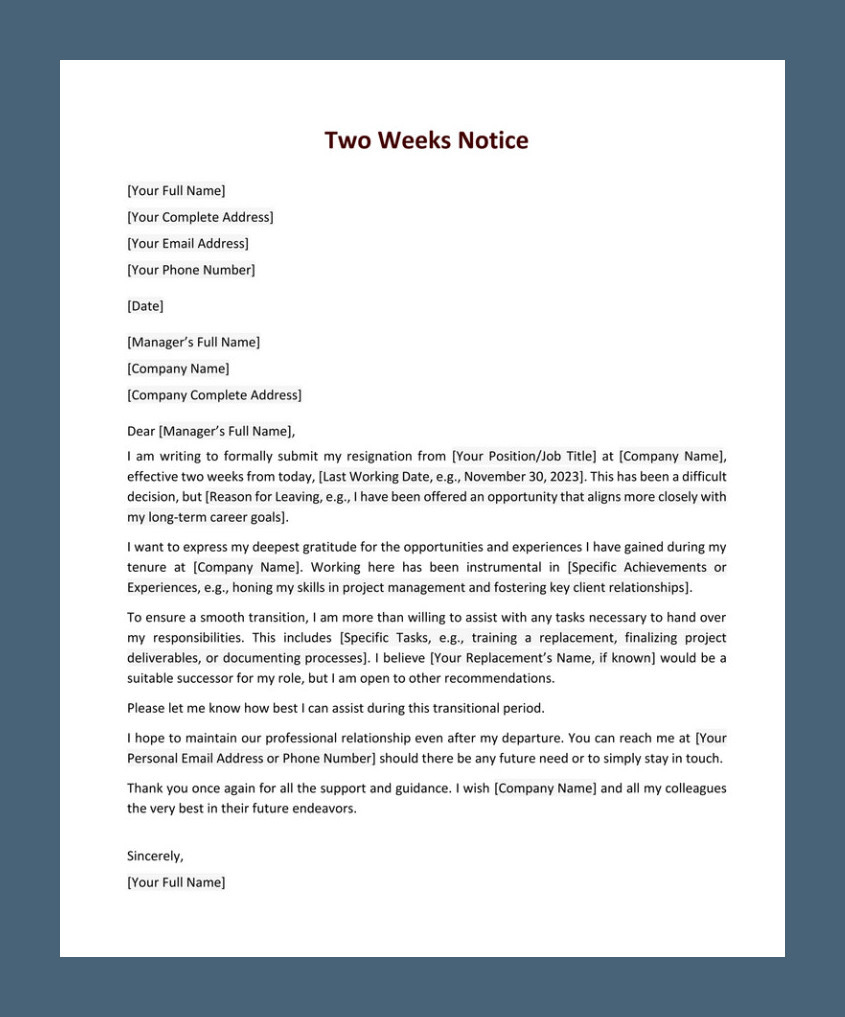 Two-Week Notice Resignation Letter Template Two-Week Notice Resignation Letter Template
