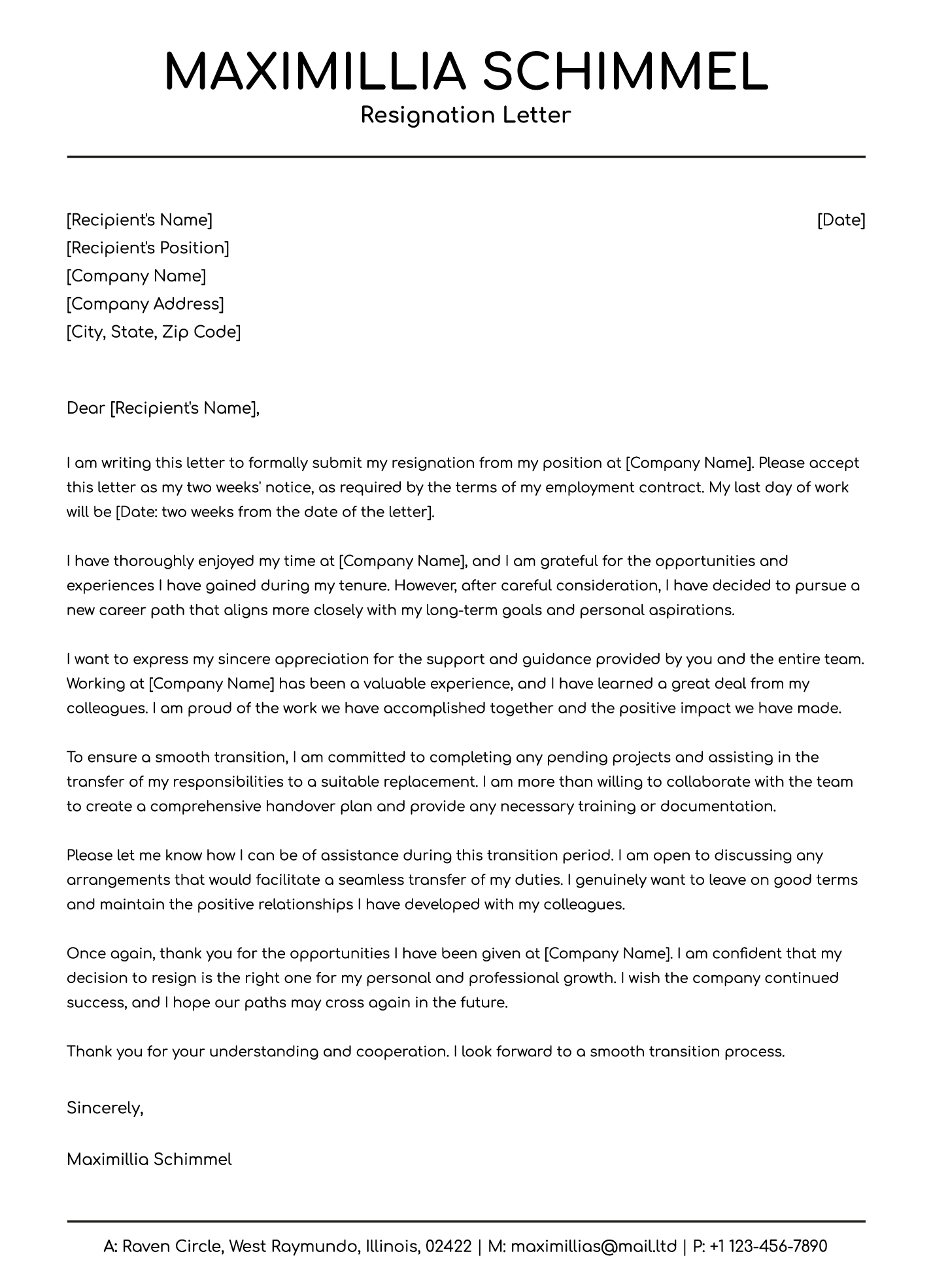 Two Weeks Notice Resignation Letter Template