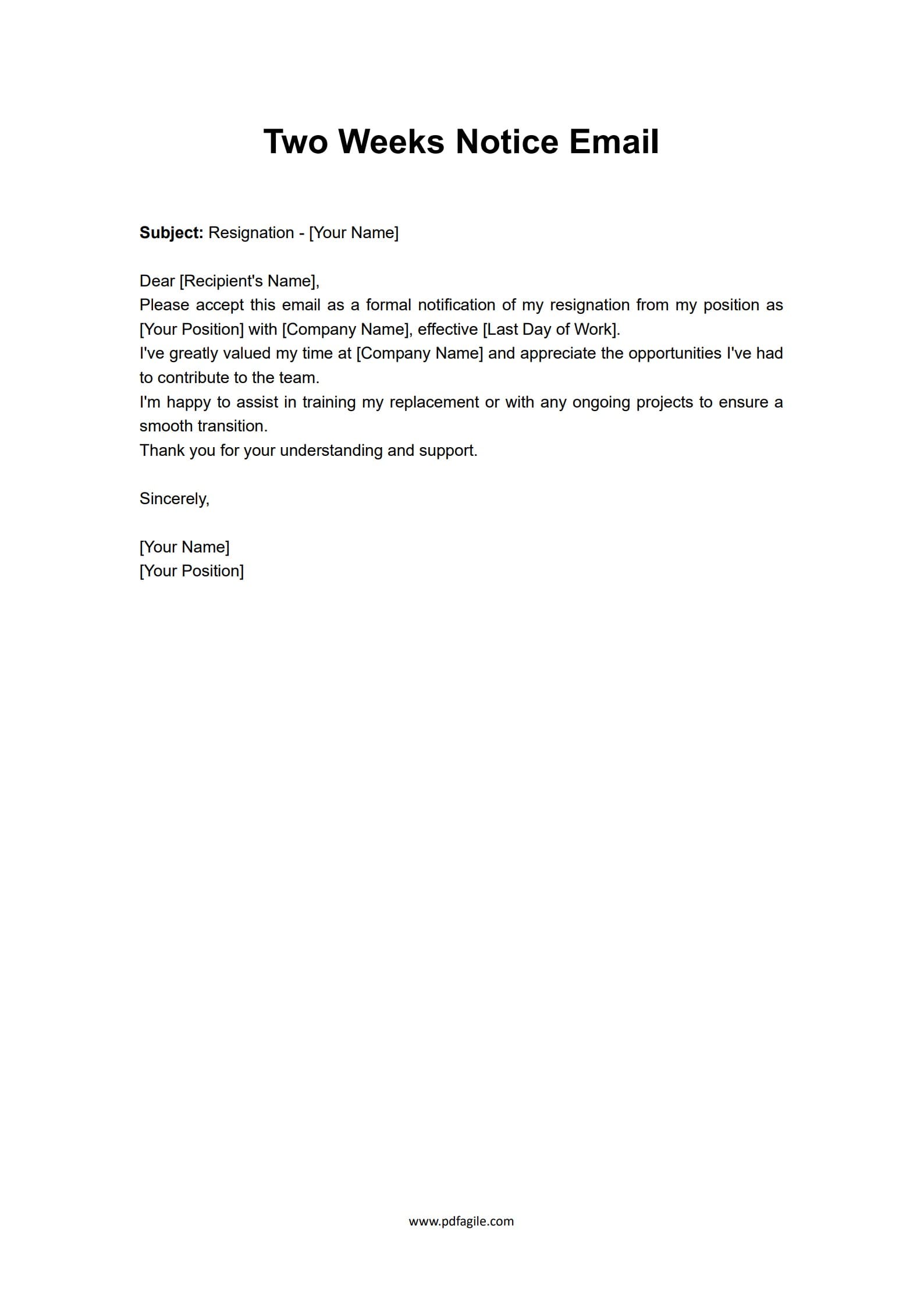 Two Weeks Notice Resignation Letter Template